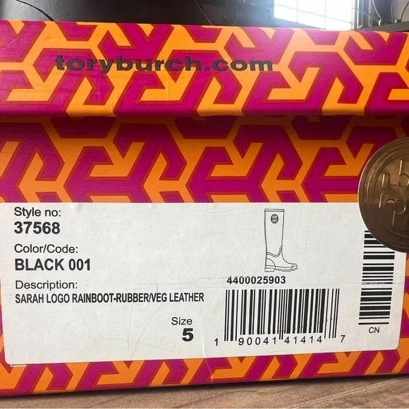 Tory Burch Black Tall Sarah Logo Rain Boots Gold Medallion Style 37568, Size 5 - Picture 11 of 11